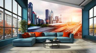 cityscape and traffic trails on the road of modern city Wall mural