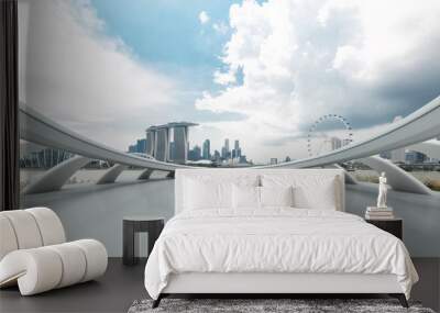 empty marble floor with cityscape of modern city Wall mural