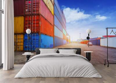 empty road and containers in harbor at sunset Wall mural