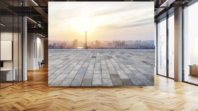 panoramic skyline and buildings with empty wooden board Wall mural