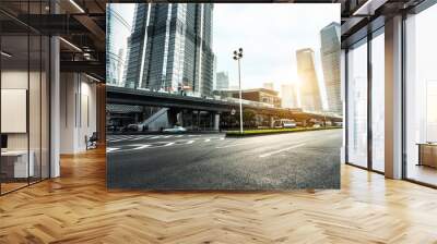 skyline,road and office buildings at sunset Wall mural