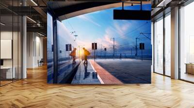 train stop at railway station with sunset Wall mural