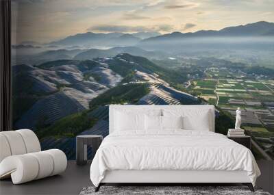 view of solar power station on hill in morning Wall mural