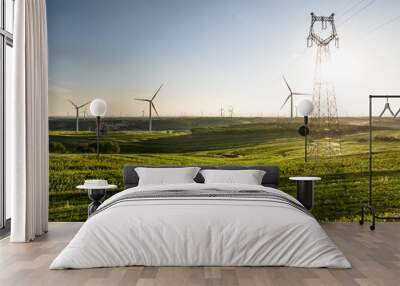 view of wind power turbine and pylon in field Wall mural