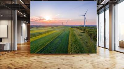 view of wind power turbine in field at sunset Wall mural