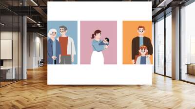 Happy family illustration. Family month. Variations of family love. Senior couple, mother and baby, father and child. Flat vector illustration isolated Wall mural