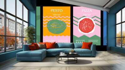 Italian food set vector illustration. Engraved pancetta, pesto, pizza, trippa, bundle of traditional dishes, homemade and restaurant dinner dishes and sauces cooking in cuisine of Italy Wall mural