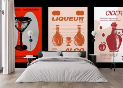 Martini, liqueur, cider, Cosmopolitan Cocktail wall art posters. Alcoholic beverage garnish with orange, lime and cherry. Summer aperitif tropical vertical print. Minimalist vector illustration. Wall mural