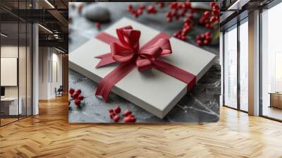 Blank white gift card with red ribbon bow on grey background three-dimensional minimal conceptual 3D rendering Wall mural