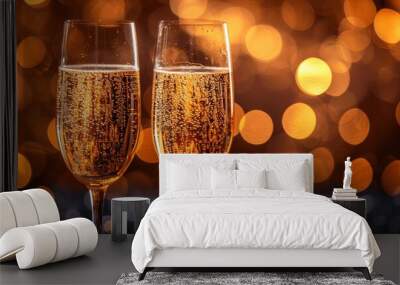 Champagne Glasses with Golden Bokeh Lights Holiday Festive Toast Celebration Party Wall mural