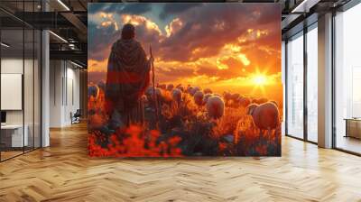 Jesus Christ the Shepherd Leading His Flock Silhouette at Sunset on Hill for Easter or Valentine's Day Background 3D Rendering Wall mural