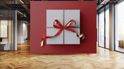 Open White Gift Box with Gold Ribbon on Red Background 3D Rendered Mockup Top View Minimal Design Wall mural