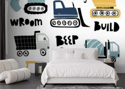 Vector hand-drawn color children's set with illustration, poster, print with a cute trucks and lettering in Scandinavian style on a white background. Building equipment. Funny construction transport. Wall mural