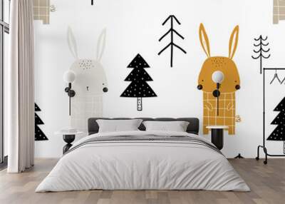 Vector hand-drawn color childrens seamless repeating pattern with cute bunny and christmas trees on a white background. Creative kids forest texture for fabric, wrapping, textile, wallpaper, apparel. Wall mural