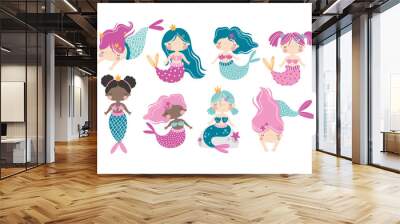 Vector set with cute little mermaids. Hand drawn illustration with girls mermaids on white background. Princesses. Ocean. Sea. Underwater. Isolated on white. Baby girl. Pink. Wall mural