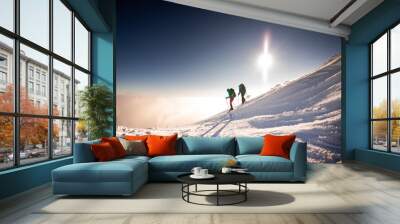 Tourists travel together in the mountains in winter. two girls snow-capped mountains. Wall mural