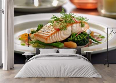 Haute cuisine fish fillet on a plate with vegetables. High key, side view Wall mural