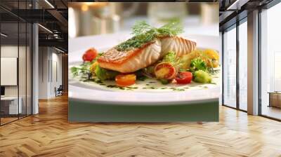 Haute cuisine fish fillet on a plate with vegetables. High key, side view Wall mural