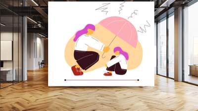 Woman hides under umbrella her sad inner child. Concept of mental health. Vector Wall mural