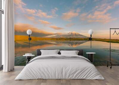 Tolbachik volcano reflection in the quiet mountain lake, Kamchatka Wall mural