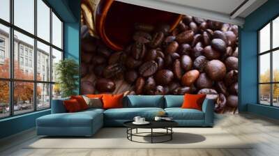 Black coffee grains on a bed of bamboo Wall mural