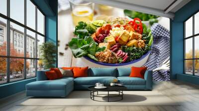 Buddha bowl of mixed vegetables,tofu cheese and groats. Healthy and nutritious vegan meal. Healthy eating concept Wall mural