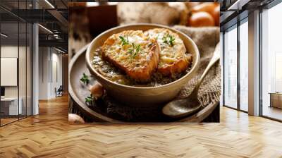 Classic French onion soup baked with cheese croutons sprinkled with fresh thyme, close up view. Wall mural