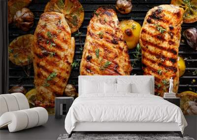 Grilled chicken breasts with thyme, garlic and lemon slices on a grill pan, top view Wall mural