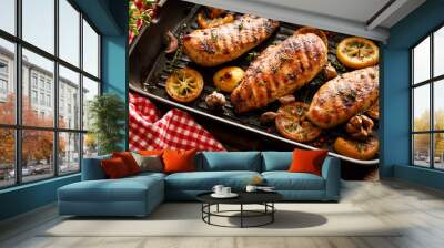 Grilled chicken breasts with thyme, garlic and lemon slices on a grill pan on a wooden background, close up Wall mural