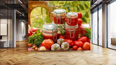 Homemade tomato preserves in glass jars and fresh tomatoes and herbs on a wooden table in the garden Wall mural