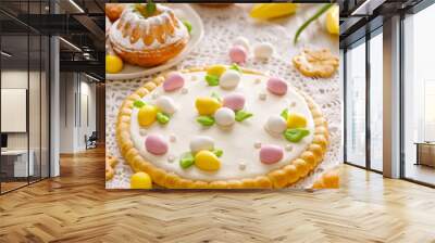 Mazurek pastry, traditional Polish Easter cake made of shortcrust pastry with  white chocolate cream, decorated with marzipan eggs  and sugar pearls on the holiday table,  close-up.  Sweet dessert Wall mural