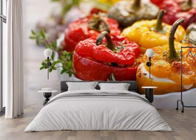 Roasted bell pepper with mushroom, rice, cheese and herbs filling in a baking dish on a white wooden table, close-up. A healthy and delicious vegetarian food. Wall mural