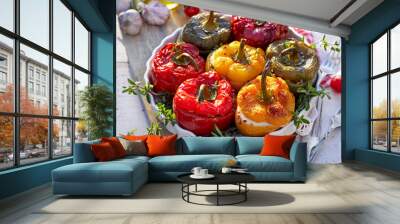 Roasted bell pepper with mushroom, rice, cheese and herbs filling in a baking dish on a white wooden table, close-up. A healthy and delicious vegetarian food. Wall mural