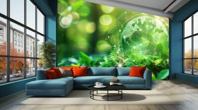 Create a realistic photo depicting a sustainable, environmentally friendly goal development strategy for green business, highlighting global net zero carbon neutral targets and emission reduction. Wall mural