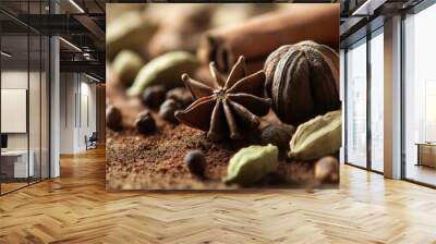 Cloves, cinnamon, black pepper, cardamom together on a clean background Wall mural