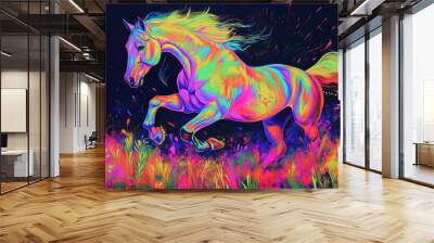 Neon Horse Galloping in a Colorful Scene Wall mural