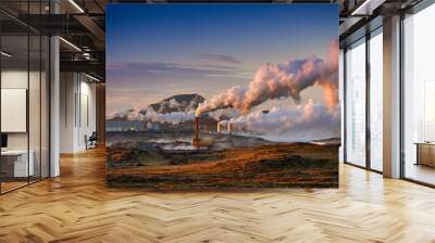 Alternative green energy. Geothermal power station pipeline and steam. Plant located at Reykjanes peninsula in Iceland, Europe.  Popular tourist attraction. Steaming hot water. Gunnuhver Hot Springs. Wall mural