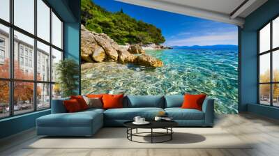 Amazing seascape of Adriatic sea. Luchica beach Croatia, Europe. Colorful summer view of small beach. Croatian coast with clear water and pine trees around. Tropical viewpoint for design postcard. Wall mural