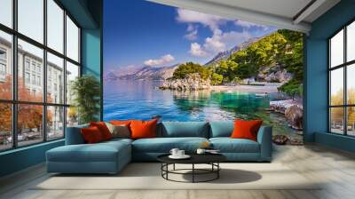 Brela stone, symbol of recreation area in Dalmatia, Croatia, Makarska riviera, Europe, famous tourist destination on Adriatic coast, sunny evening view. Beauty of nature concept background. Wall mural