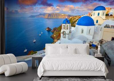 Fira town on Santorini island, Greece. Incredibly romantic sunrise on Santorini. Oia village in the morning light. Amazing sunset view with white houses. Island of lovers Wall mural