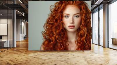 Beautiful female model with long red wavy curls. Ai generated image Wall mural