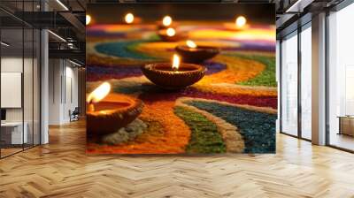 Close up of Diya oil lamp on dark background, Diwali festival of lights, Indian tradition Wall mural