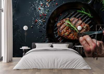 Illustration Cooking meat steaks on the grill with chef's hands, restaurant atmosphere on a black background. Ai generated Wall mural