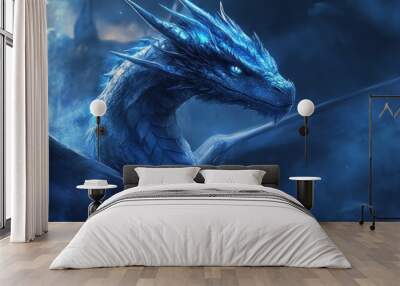 Illustration of a big blue dragon, HD wallpaper background. Ai generated image Wall mural