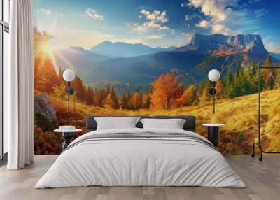 Illustration of a panoramic view of nature in autumn, mountain background. AI generated image Wall mural