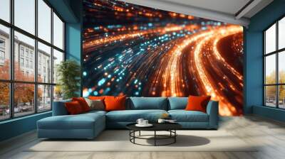 Illustration of flowing digital data and blur light trails, cyberspace background. Ai generated image Wall mural