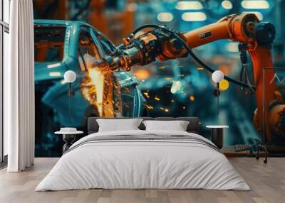 Illustrations of welding with AI robot arms in factories, car assembly and mass products. Ai generated image Wall mural