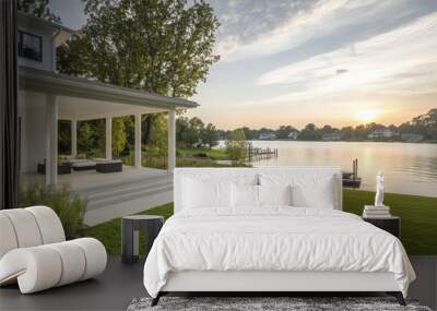 modern all white house with wide terrace. with background view of lake, green grass and boat on the dock in front of the house. Ai generated images Wall mural