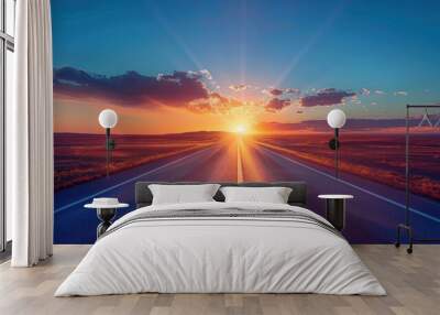 view of the highway with a sunset background. empty street on a beautiful afternoon. a long road stretched in the distance. Ai generated Wall mural