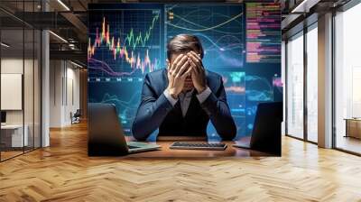 Stressed business man trader broker investor analyzing stock exchange market trading decreasing chart data fall down loss. Wall mural